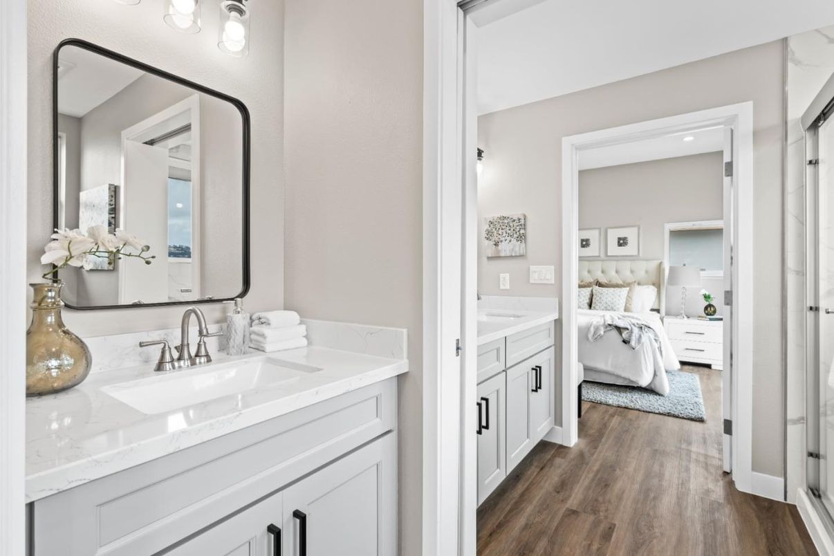 Bathroom, Bedroom, Dual Sink Vanities, Interior, Recessed Lighting, Wood Texture Flooring