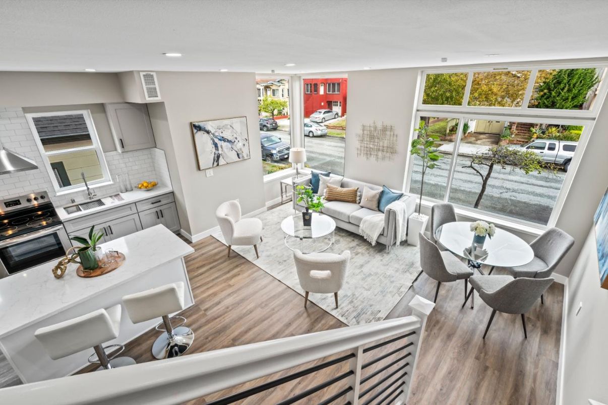 Dining room, Interior, Kitchen, Living room, Recessed Lighting, Wood Texture Flooring