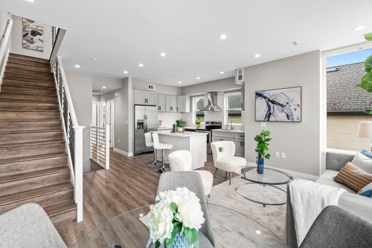 Interior, Kitchen, Living room, Recessed Lighting, Stainless Steel Appliances, Wood Texture Flooring