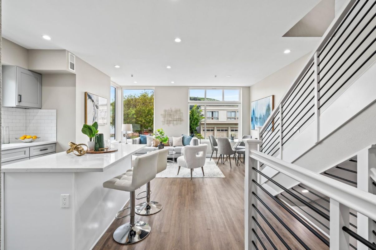 Dining room, Interior, Kitchen, Living room, Recessed Lighting, Wood Texture Flooring