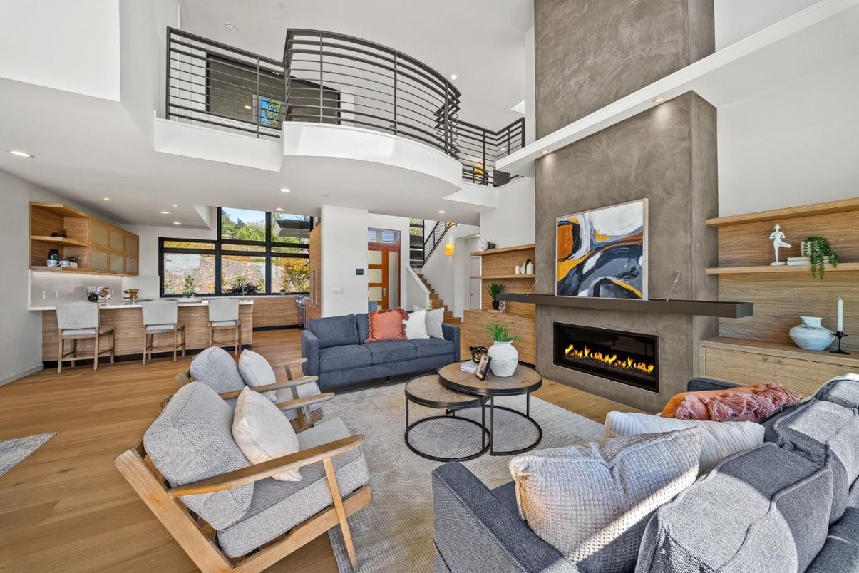 Fireplace, Interior, Living room, Recessed Lighting, Wood Texture Flooring