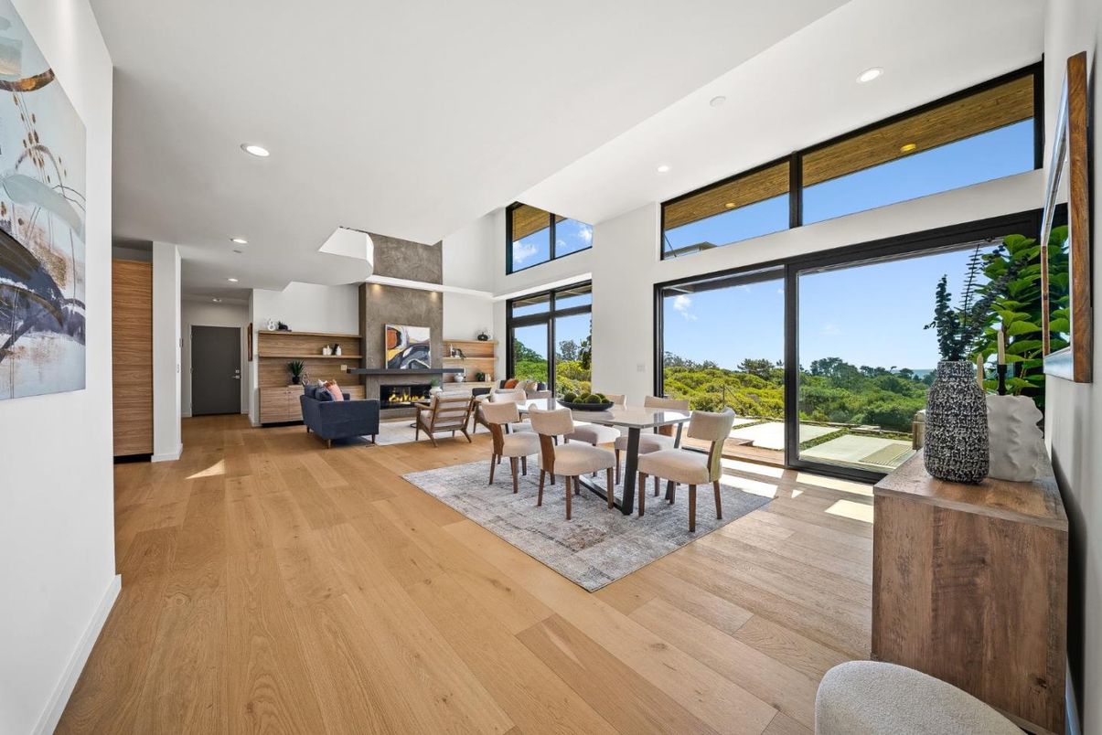 Dining room, Fireplace, Interior, Living room, Pendant Lights, Recessed Lighting, Wood Texture Flooring