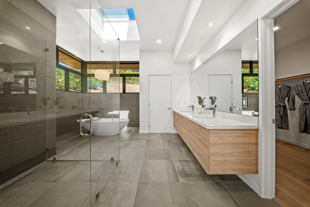 Bathroom, Dual Sink Vanities, Glass Shower, Interior, Pendant Lights, Recessed Lighting