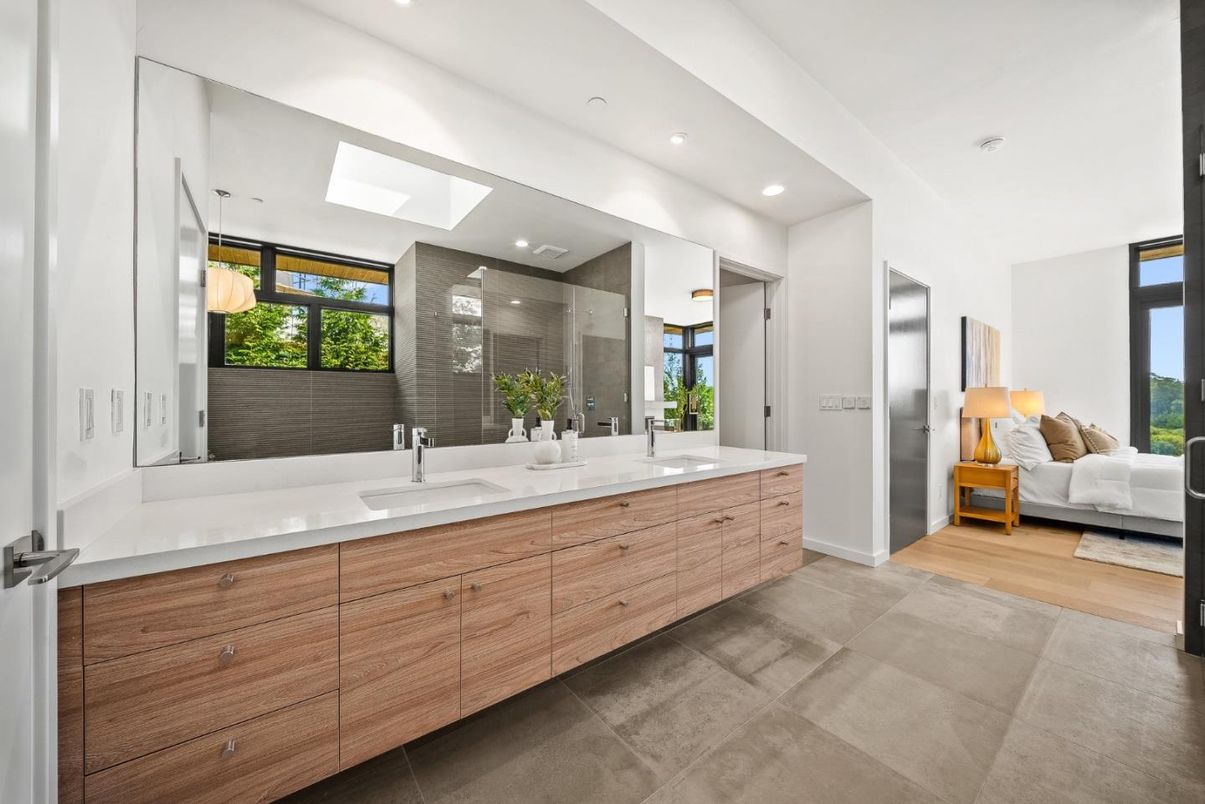 Bathroom, Bedroom, Dual Sink Vanities, Glass Shower, Interior, Pendant Lights, Recessed Lighting, Wood Texture Flooring