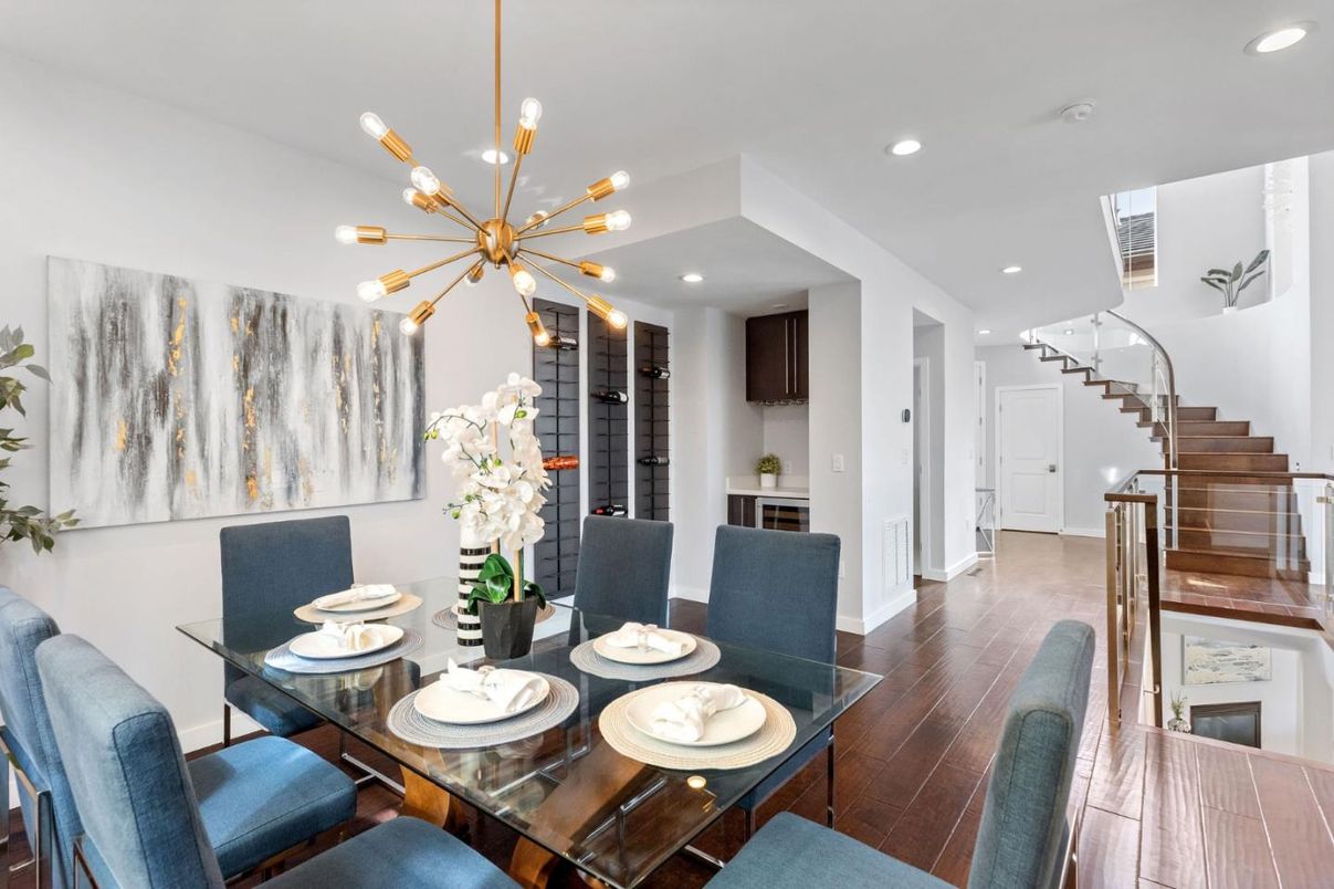 Dining room, Interior, Pendant Lights, Recessed Lighting, Wood Texture Flooring