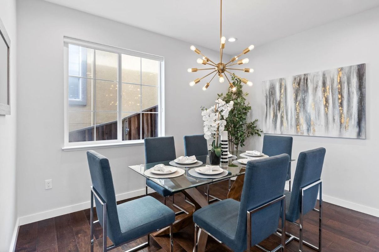 Dining room, Interior, Pendant Lights, Wood Texture Flooring