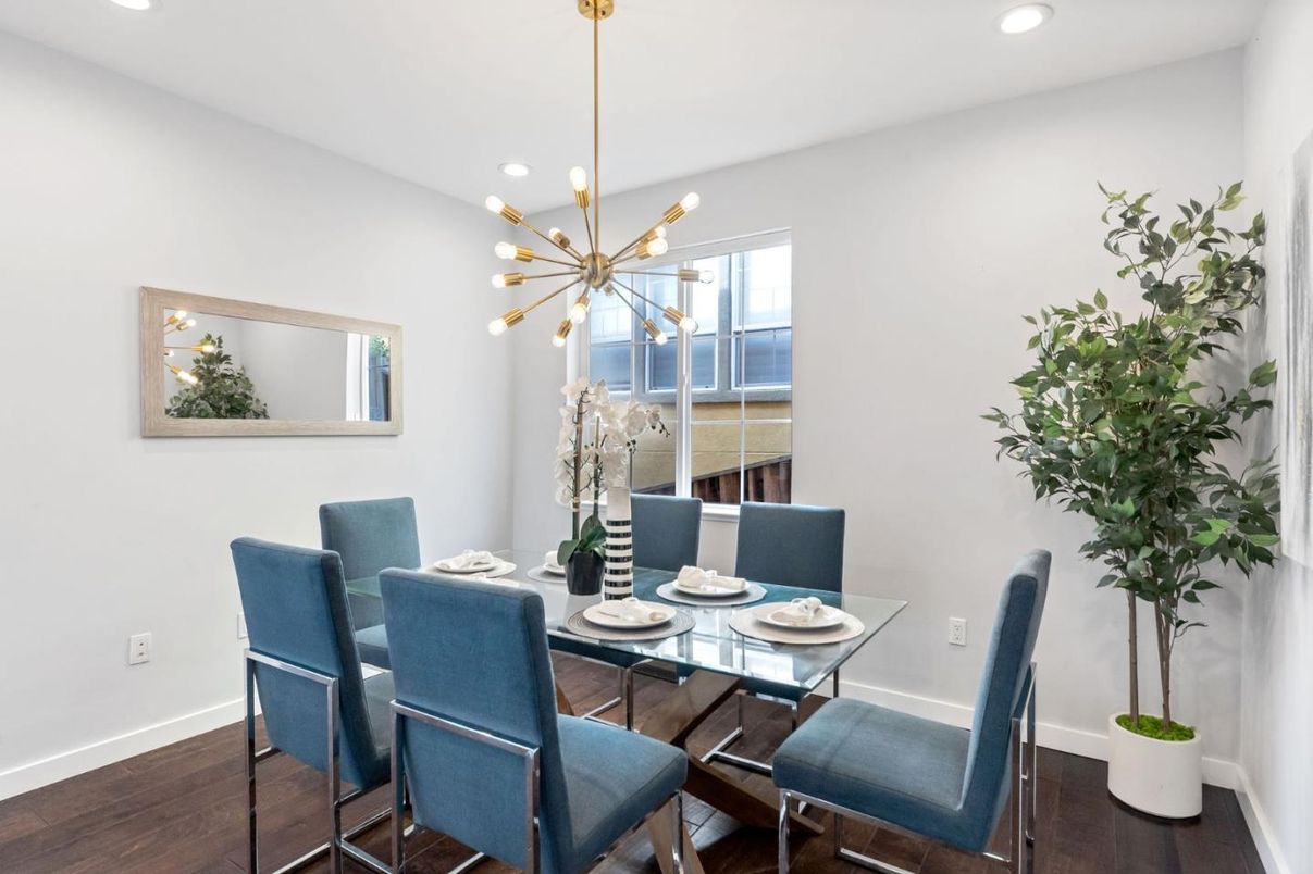 Dining room, Interior, Pendant Lights, Recessed Lighting, Wood Texture Flooring