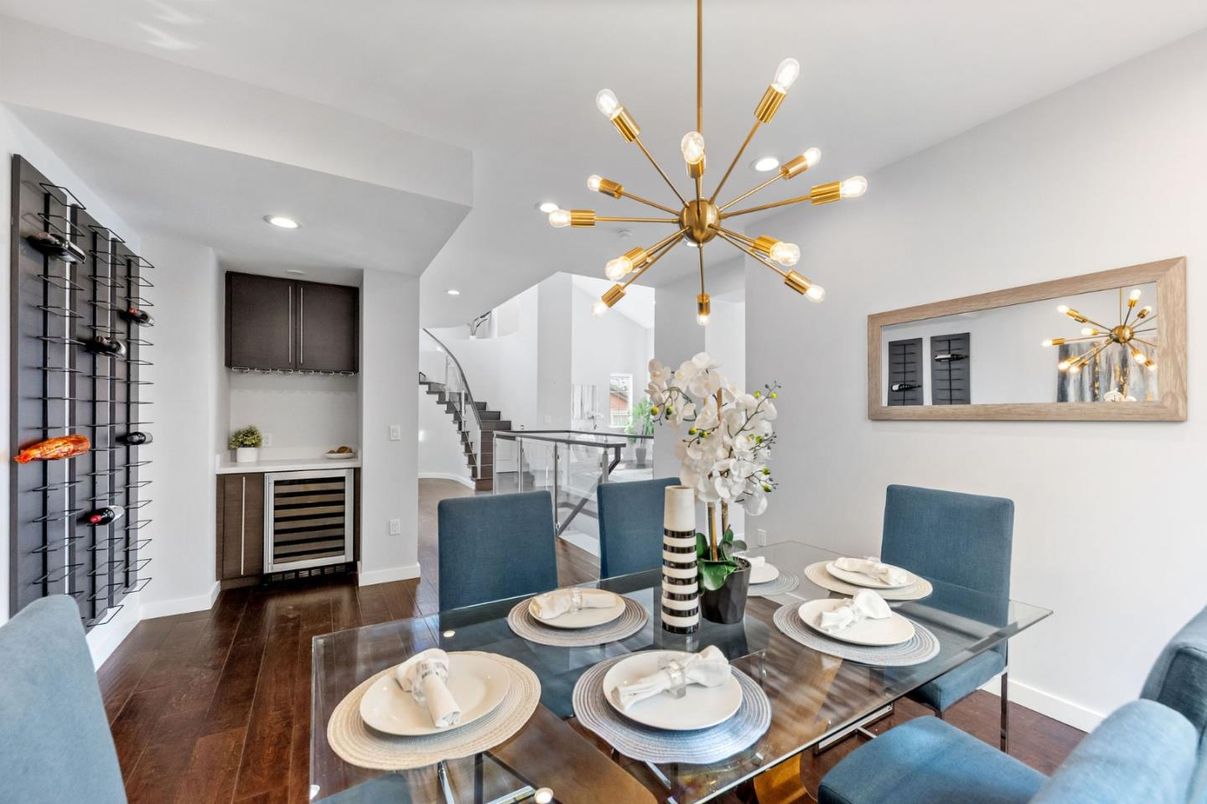 Dining room, Interior, Pendant Lights, Recessed Lighting, Wood Texture Flooring