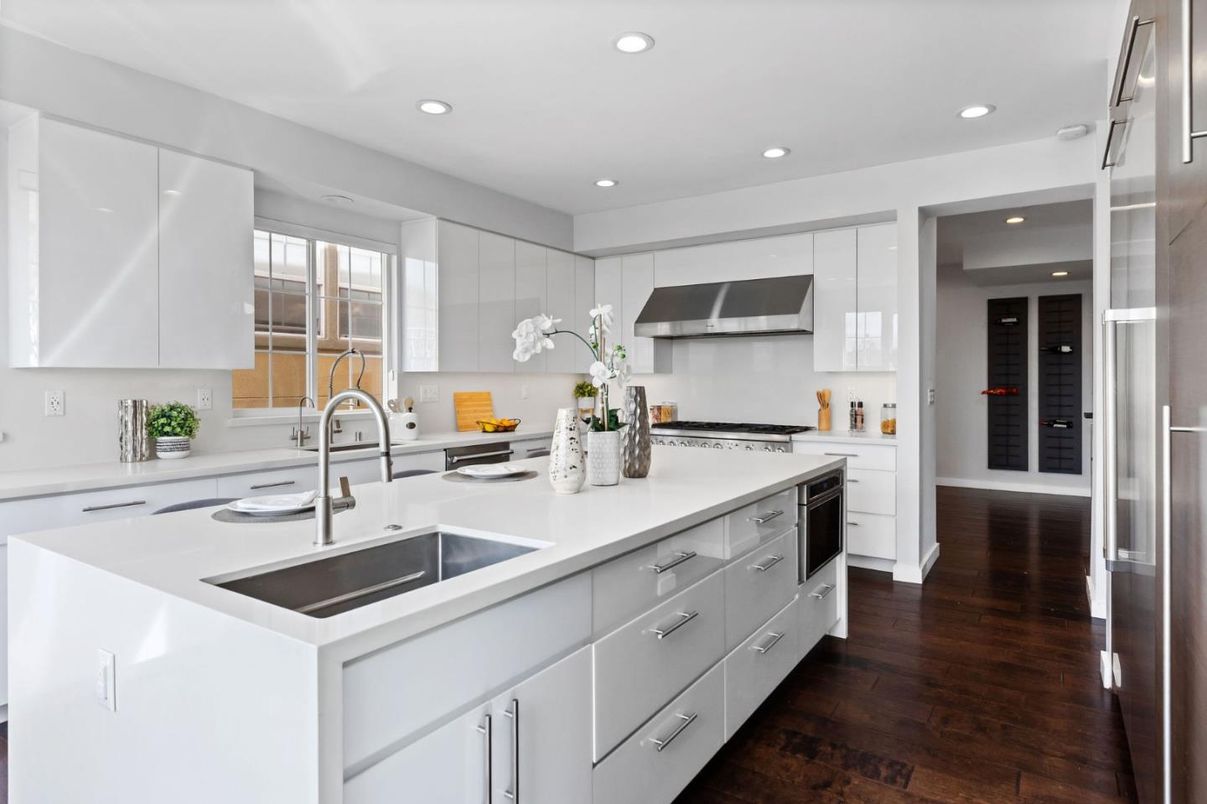 Interior, Kitchen, Recessed Lighting, Stainless Steel Appliances, Wood Texture Flooring