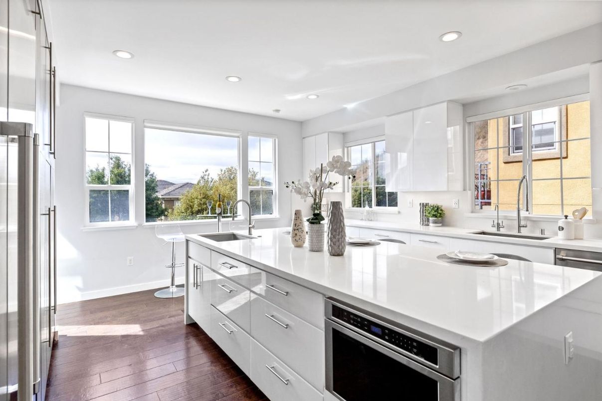 Interior, Kitchen, Recessed Lighting, Stainless Steel Appliances, Wood Texture Flooring
