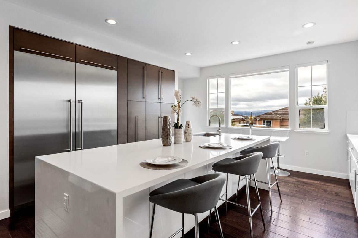 Interior, Kitchen, Recessed Lighting, Stainless Steel Appliances, Water, Wood Texture Flooring