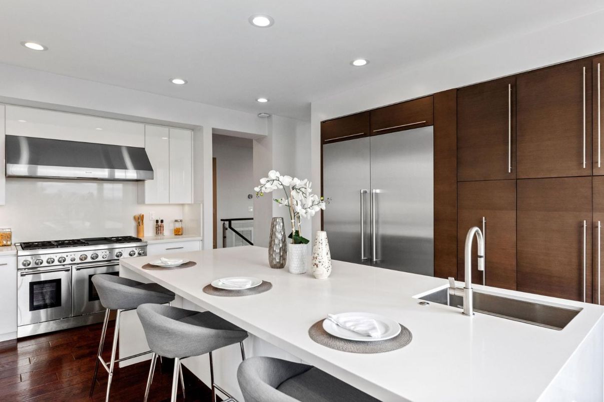 Interior, Kitchen, Recessed Lighting, Stainless Steel Appliances, Wood Texture Flooring