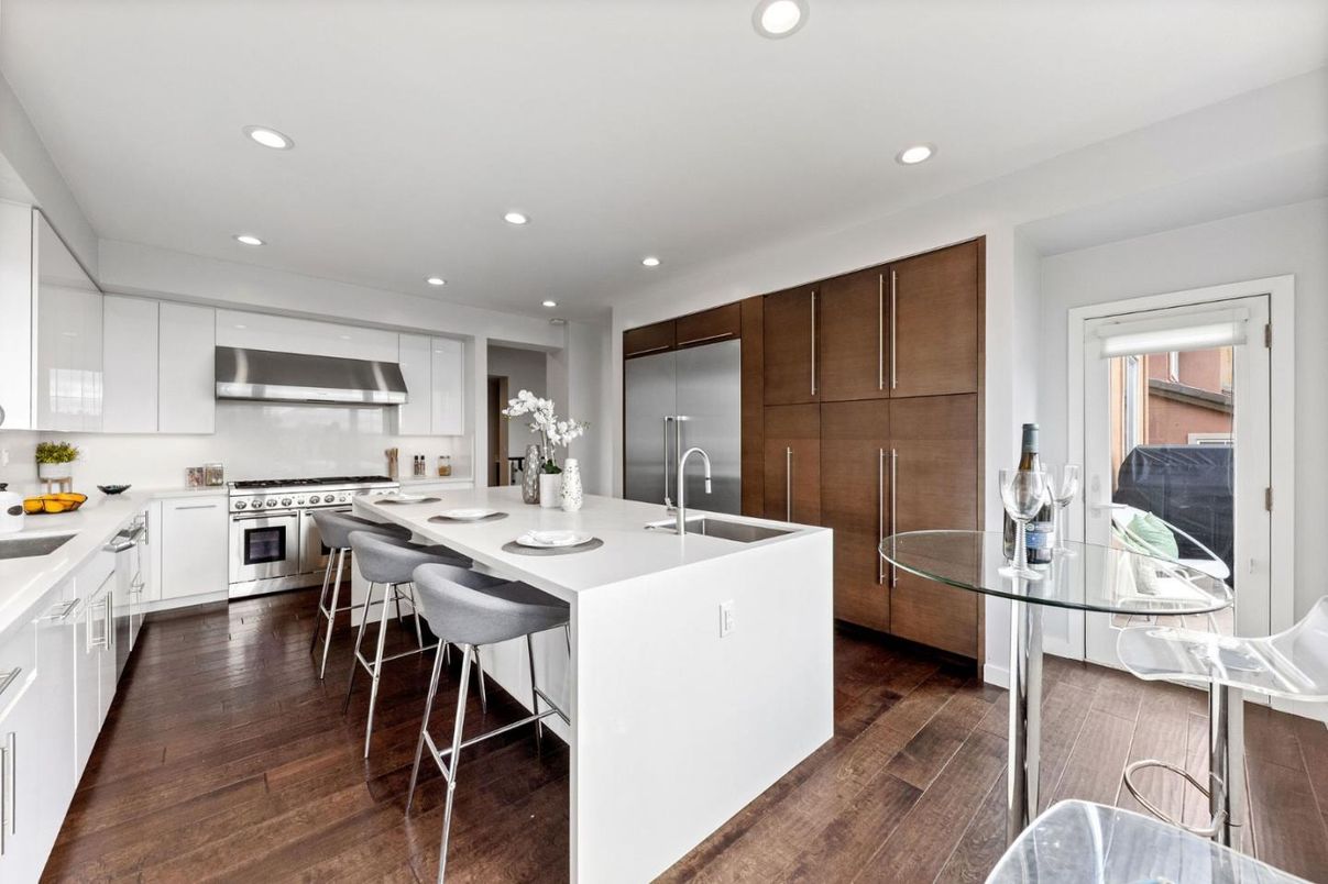 Interior, Kitchen, Recessed Lighting, Stainless Steel Appliances, Wood Texture Flooring