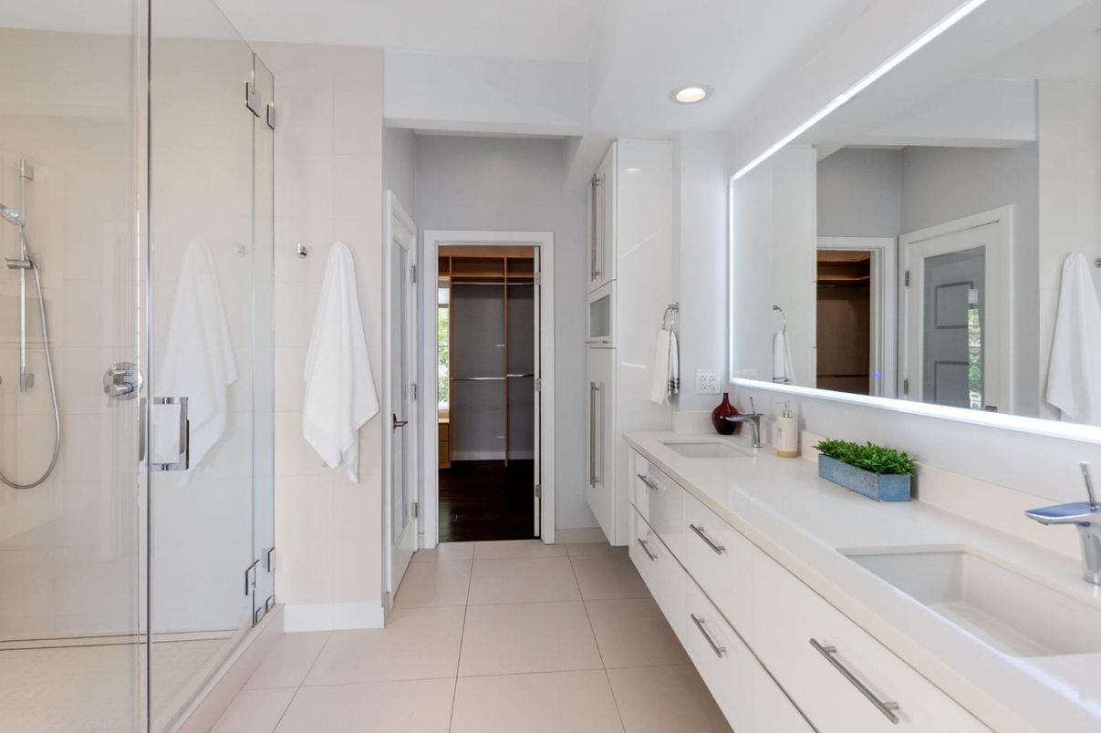 Bathroom, Dual Sink Vanities, Glass Shower, Interior, Recessed Lighting, Walk-in Closets