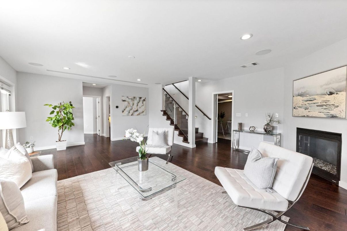 Fireplace, Interior, Living room, Recessed Lighting, Wood Texture Flooring