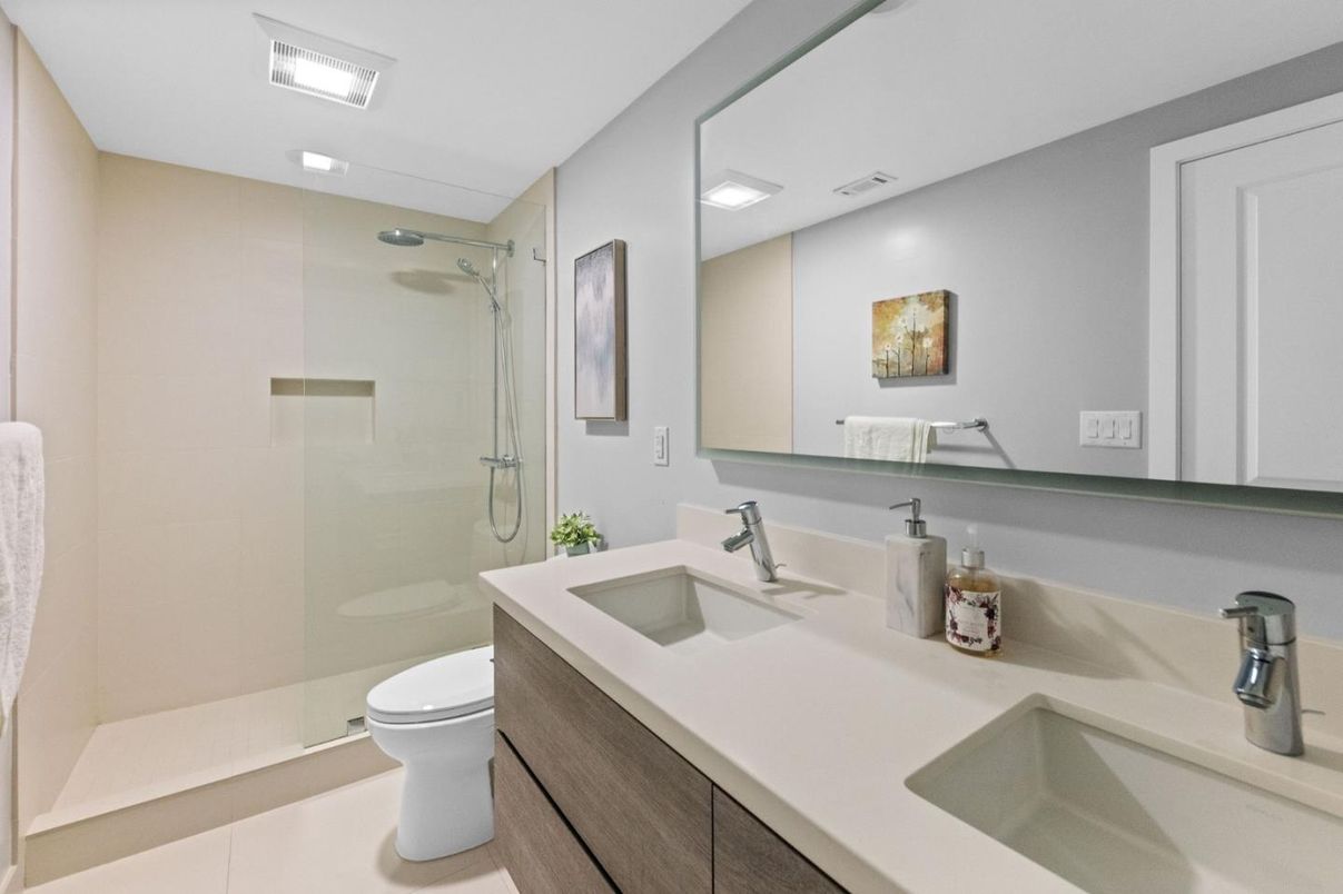 Bathroom, Dual Sink Vanities, Glass Shower, Interior, Recessed Lighting