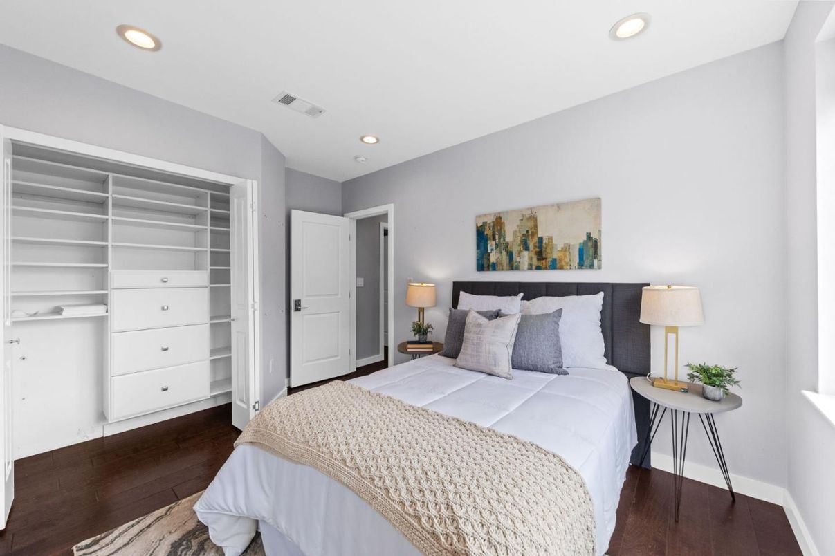 Bedroom, Interior, Recessed Lighting, Wood Texture Flooring