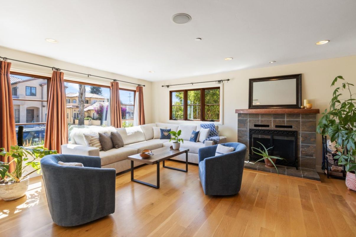 Fireplace, Interior, Living room, Recessed Lighting, Wood Texture Flooring