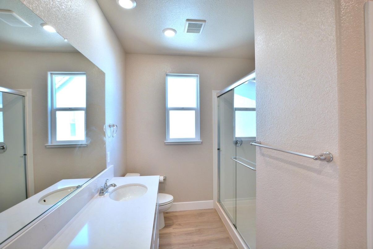Bathroom, Glass Shower, Interior, Recessed Lighting, Wood Texture Flooring