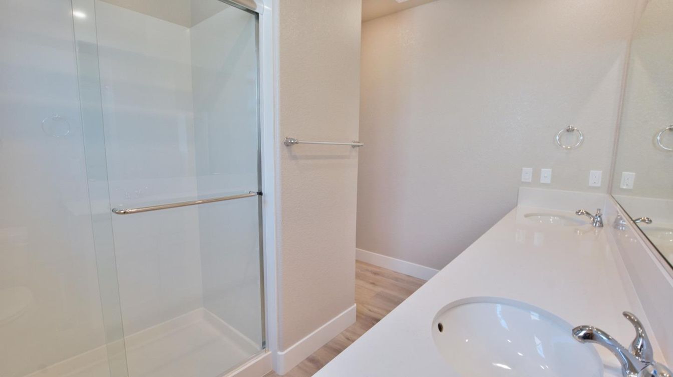 Bathroom, Dual Sink Vanities, Glass Shower, Interior, Wood Texture Flooring