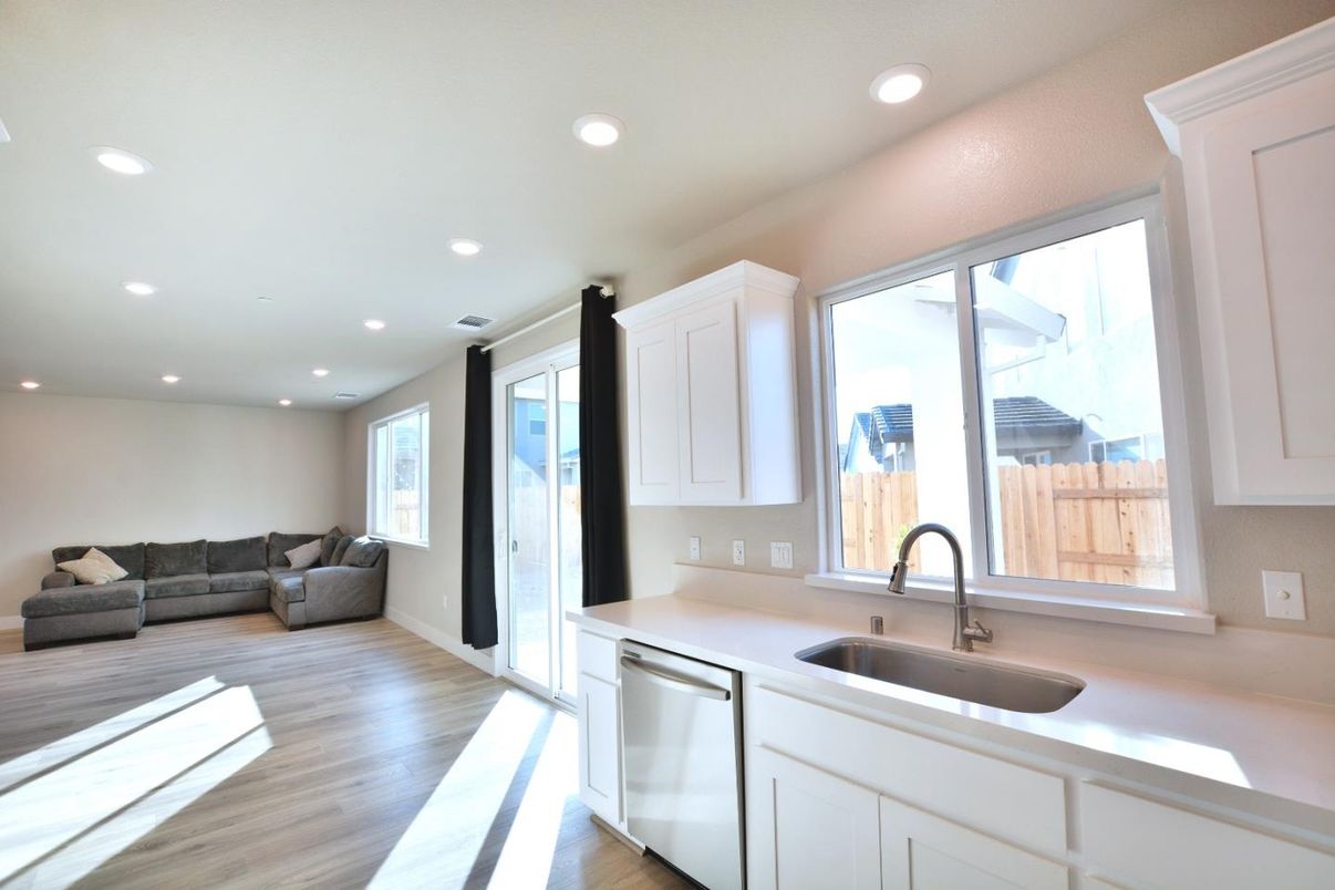 Interior, Kitchen, Living room, Recessed Lighting, Stainless Steel Appliances, Wood Texture Flooring