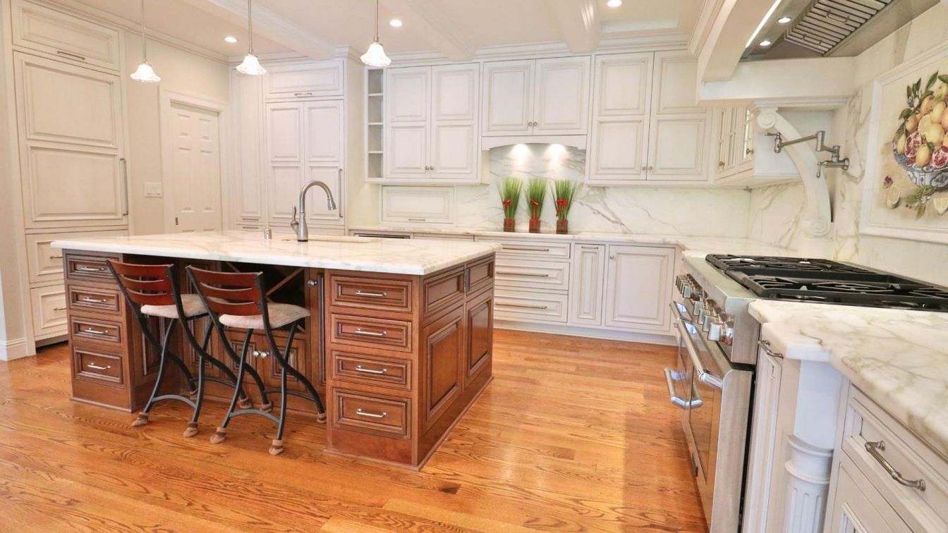 Interior, Kitchen, Marble Walls, Pendant Lights, Recessed Lighting, Stainless Steel Appliances, Wood Texture Flooring