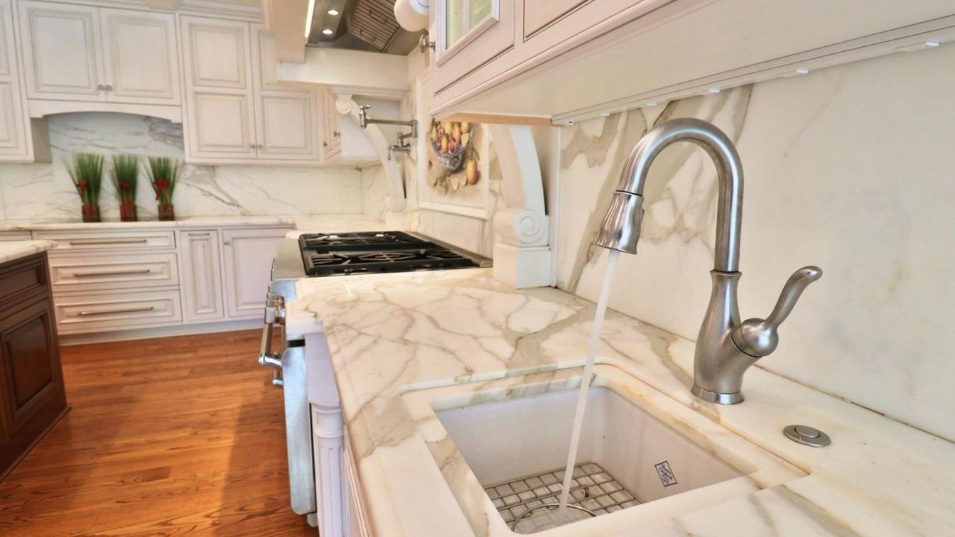 Interior, Kitchen, Marble Walls, Wood Texture Flooring