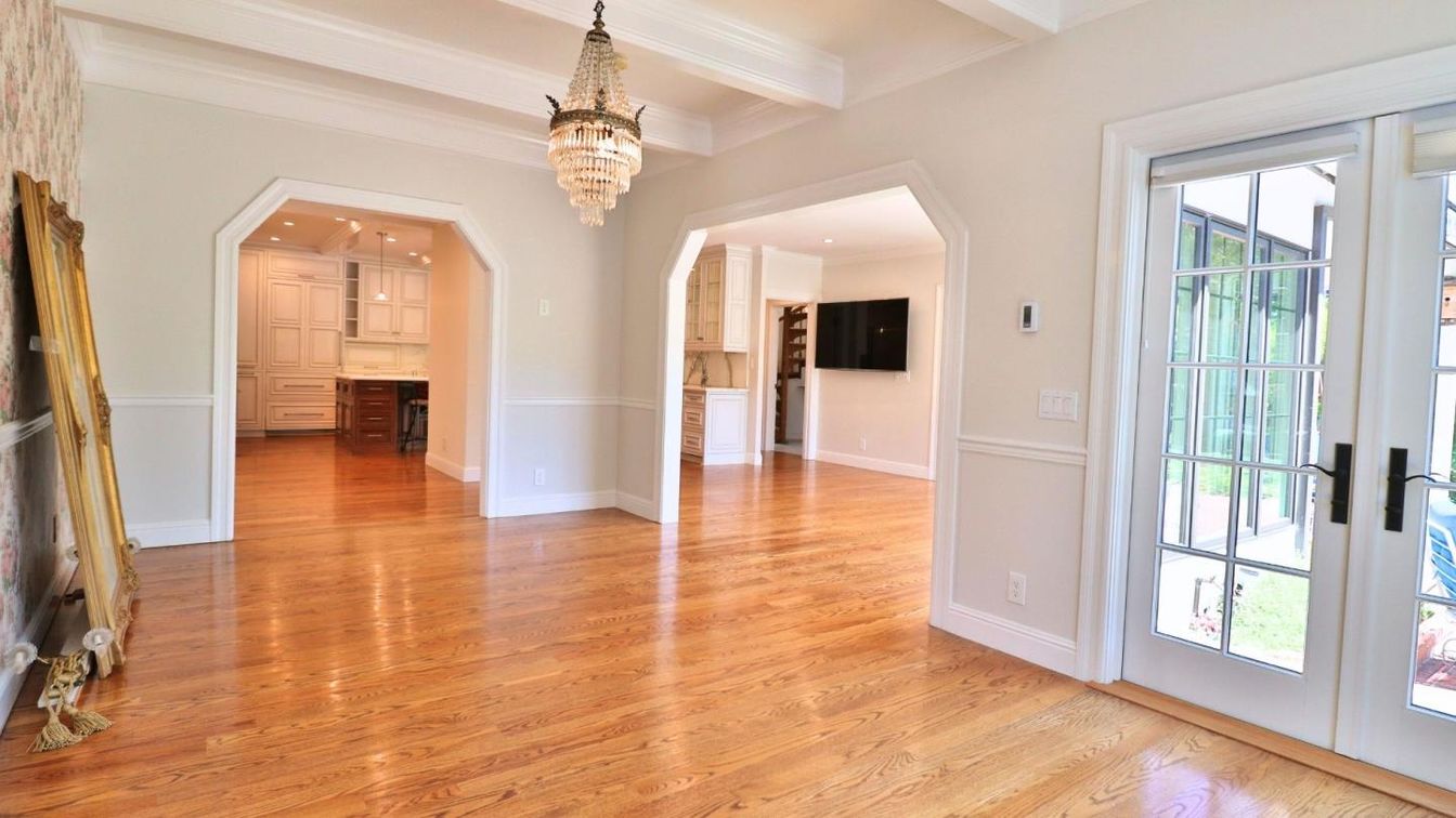 Chandelier, Empty room, Interior, Kitchen, Recessed Lighting, Wood Texture Flooring