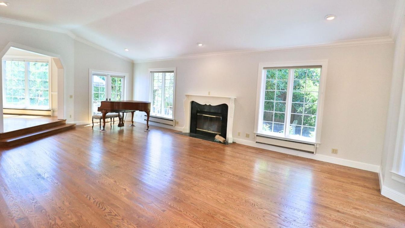 Empty room, Fireplace, Interior, Piano, Recessed Lighting, Wood Texture Flooring