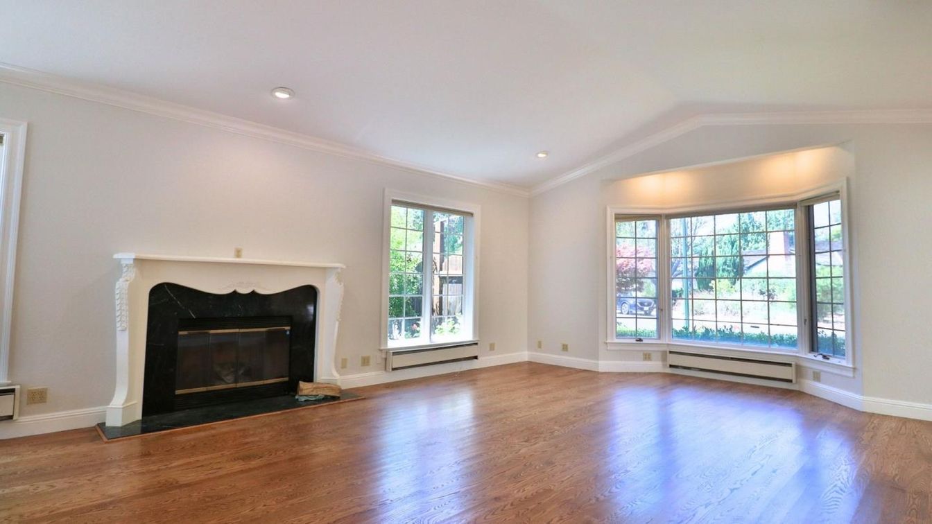 Empty room, Fireplace, Interior, Recessed Lighting, Wood Texture Flooring