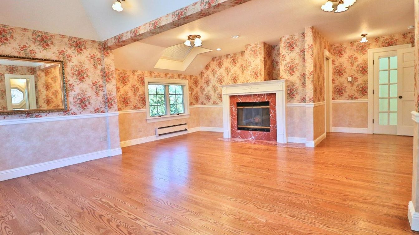 Empty room, Fireplace, Interior, Recessed Lighting, Wood Texture Flooring