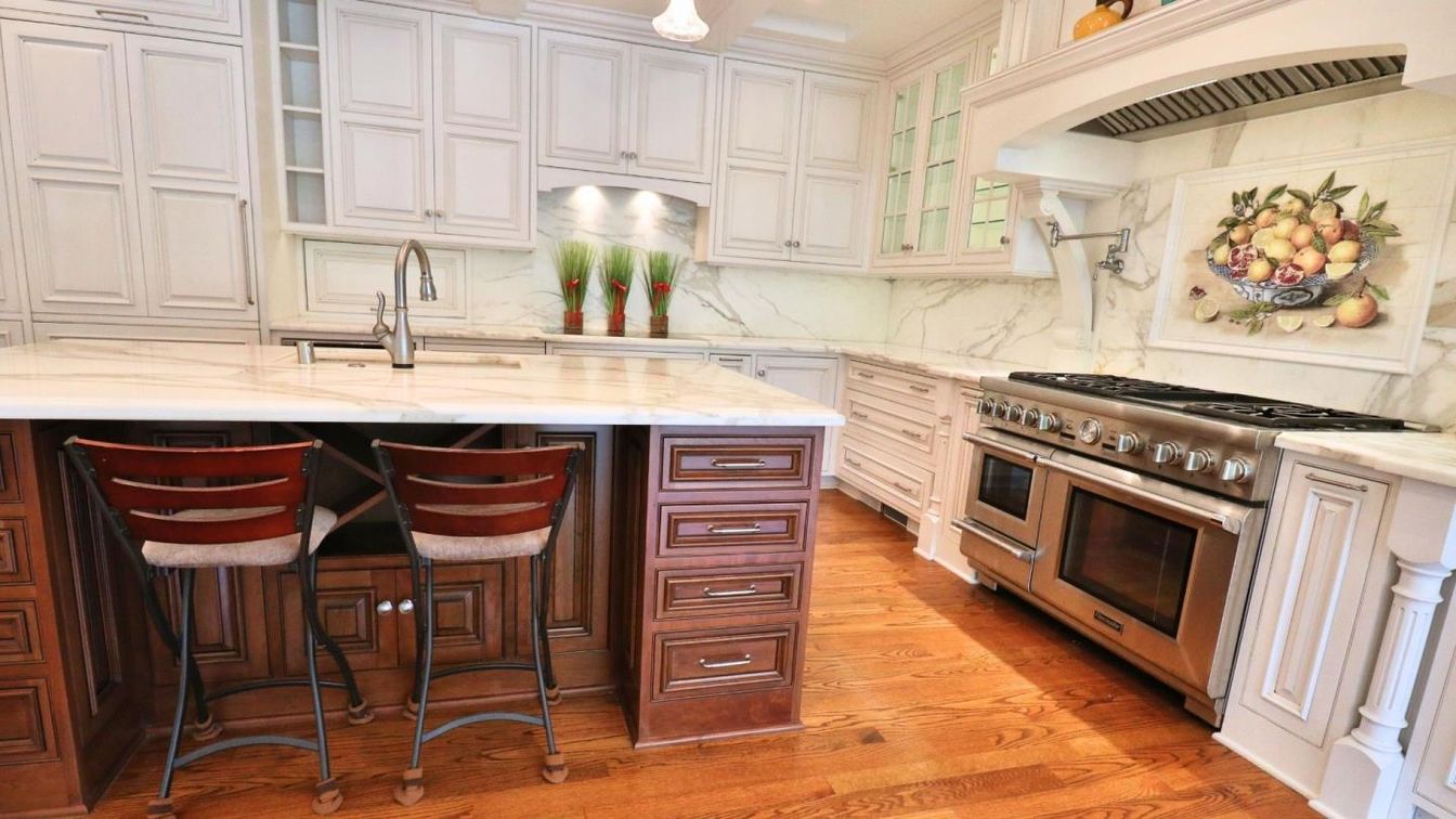 Interior, Kitchen, Marble Walls, Recessed Lighting, Stainless Steel Appliances, Wood Texture Flooring