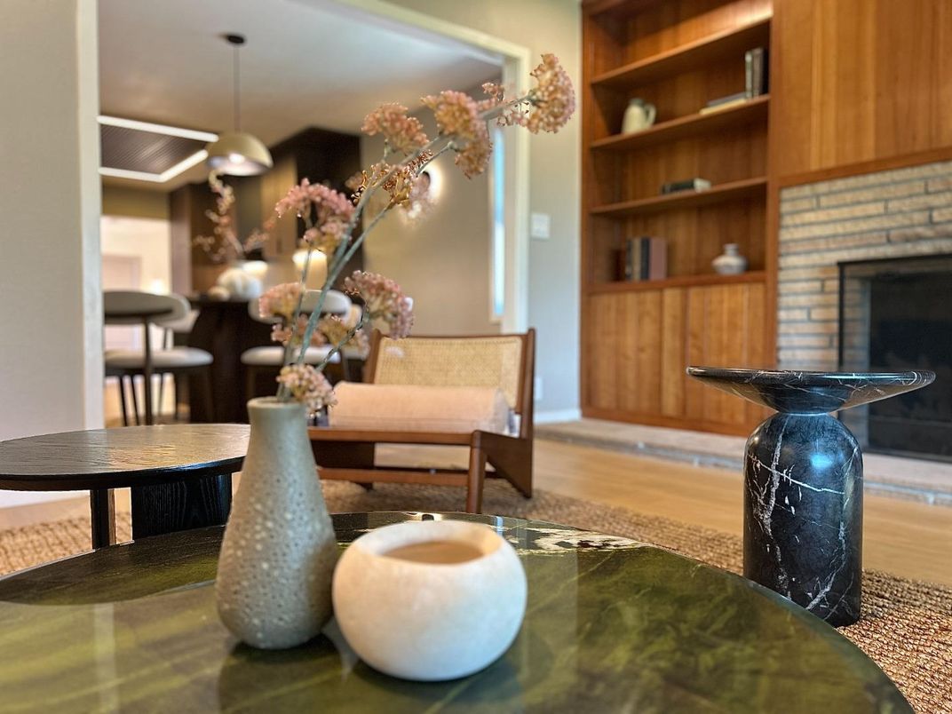 Dining room, Fireplace, Interior, Pendant Lights