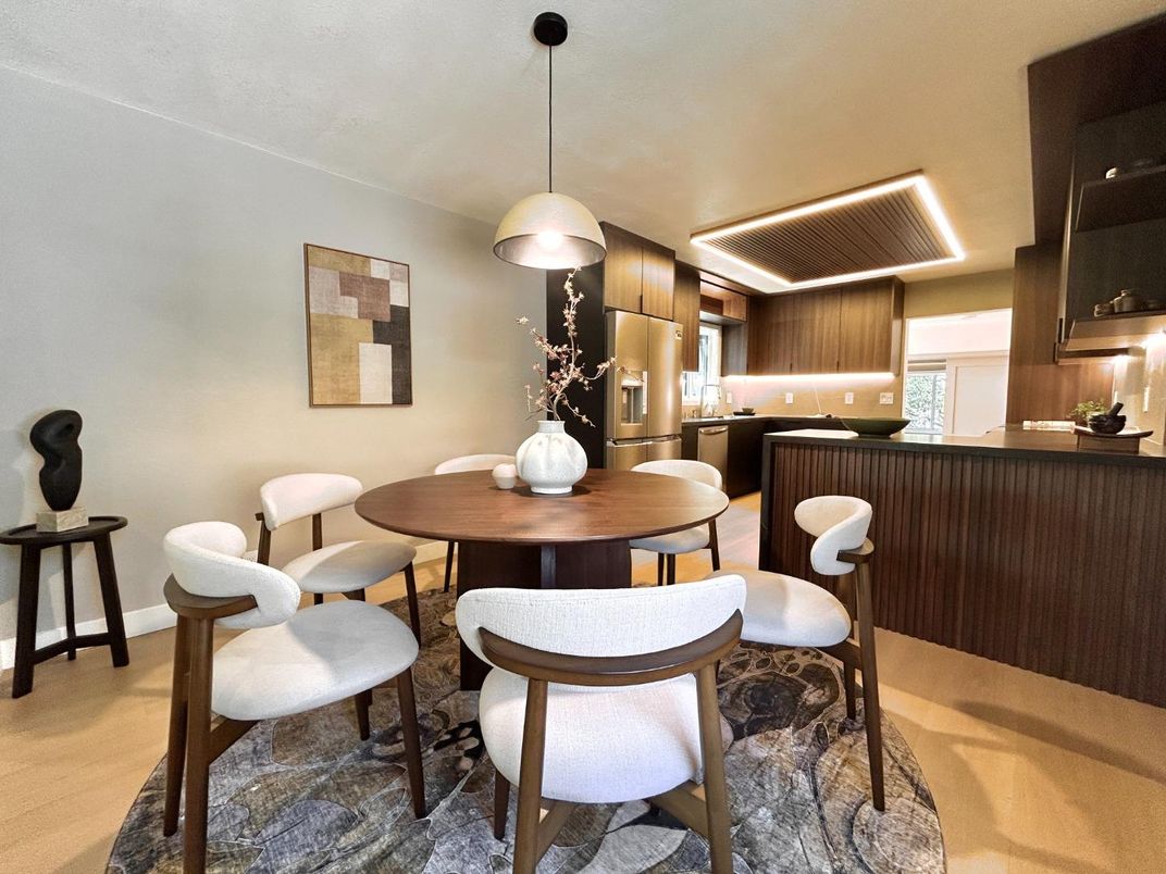 Dining room, Interior, Kitchen, Pendant Lights, Wood Texture Flooring