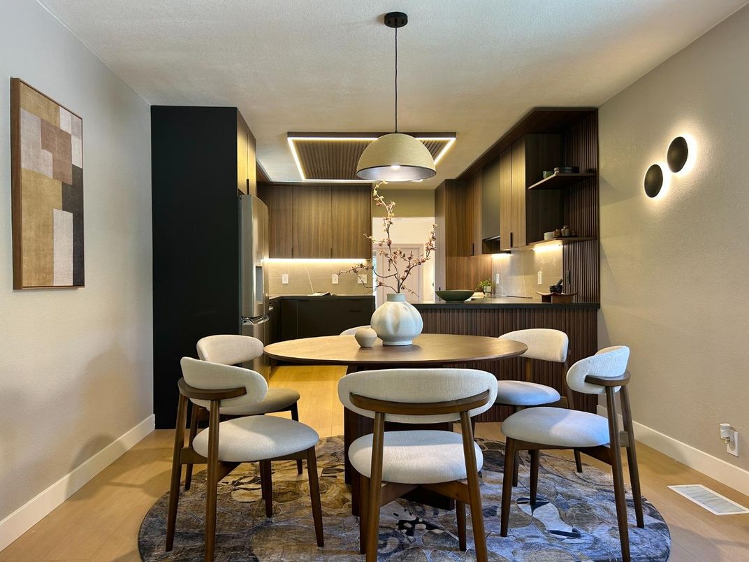 Dining room, Interior, Pendant Lights, Wood Texture Flooring