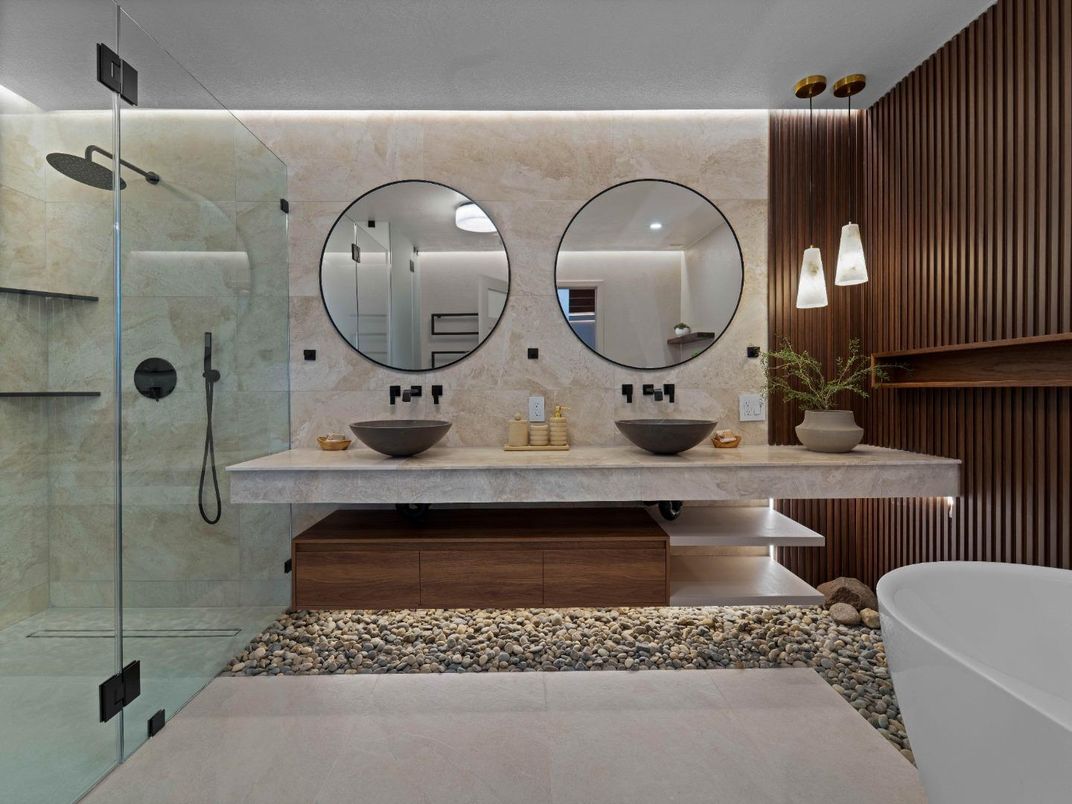 Bathroom, Dual Sink Vanities, Free Standing Baths, Glass Shower, Interior, Pendant Lights