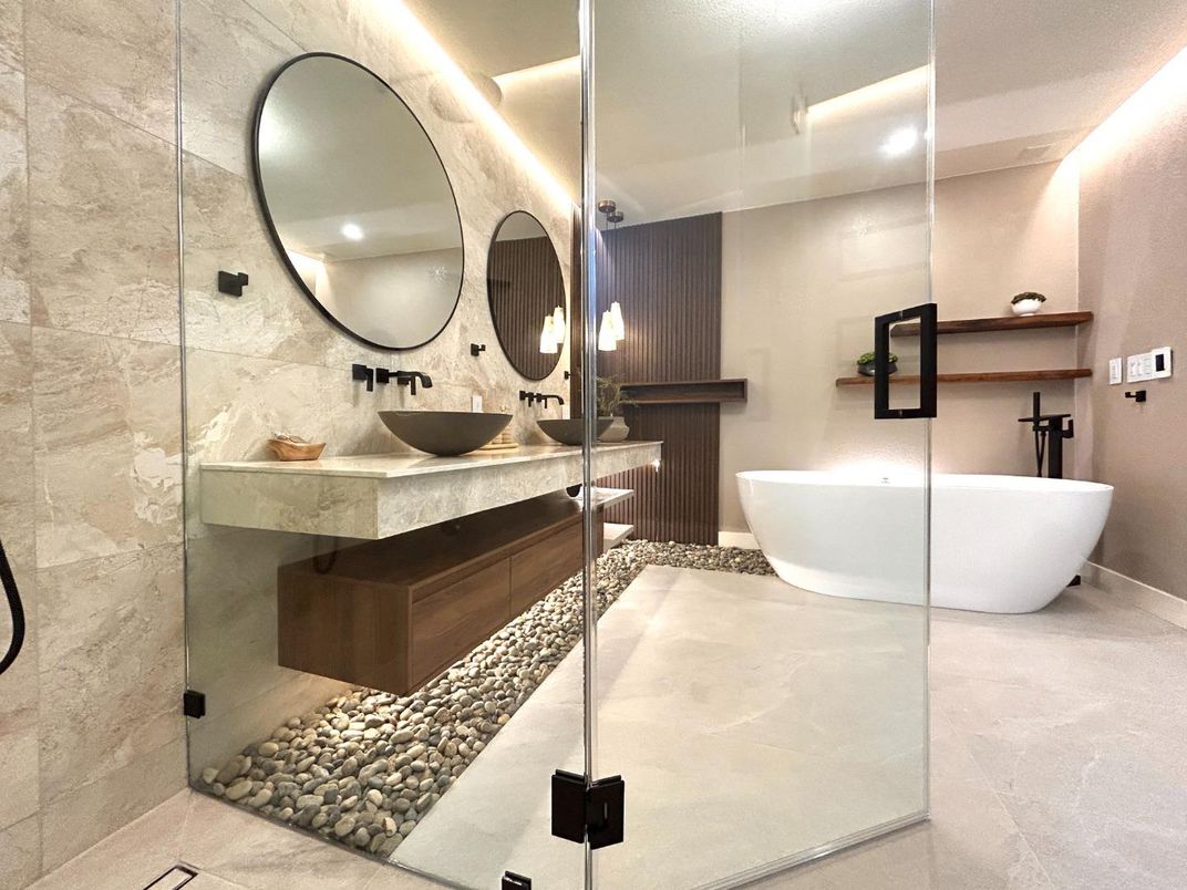 Bathroom, Dual Sink Vanities, Free Standing Baths, Glass Shower, Interior, Recessed Lighting