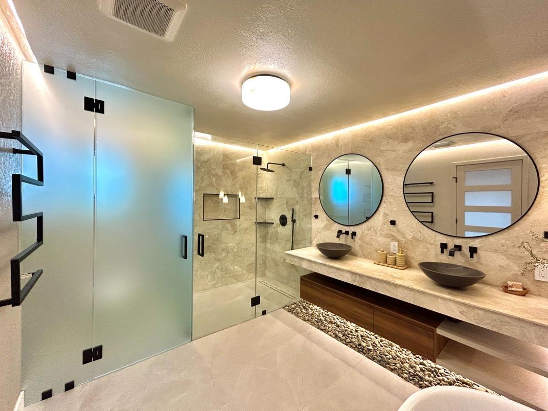 Bathroom, Dual Sink Vanities, Glass Shower, Interior