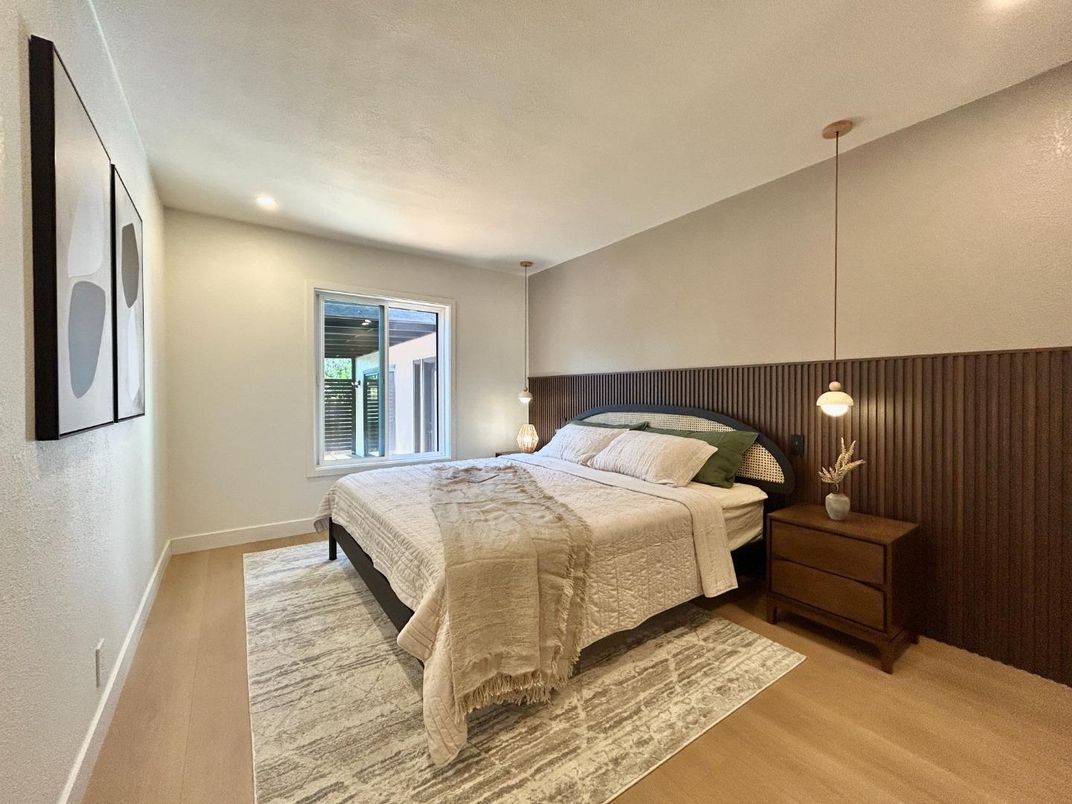 Bedroom, Interior, Pendant Lights, Recessed Lighting, Wood Texture Flooring