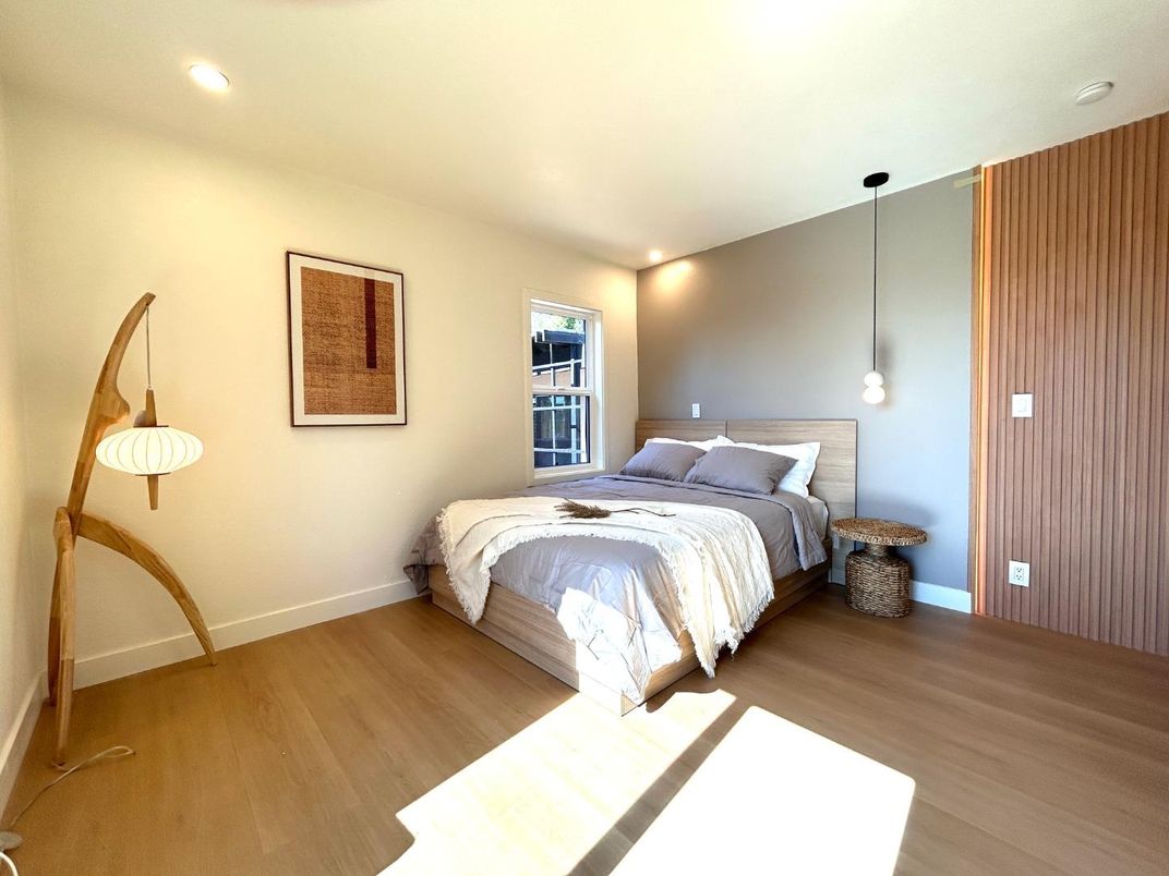 Bedroom, Interior, Pendant Lights, Recessed Lighting, Wood Texture Flooring