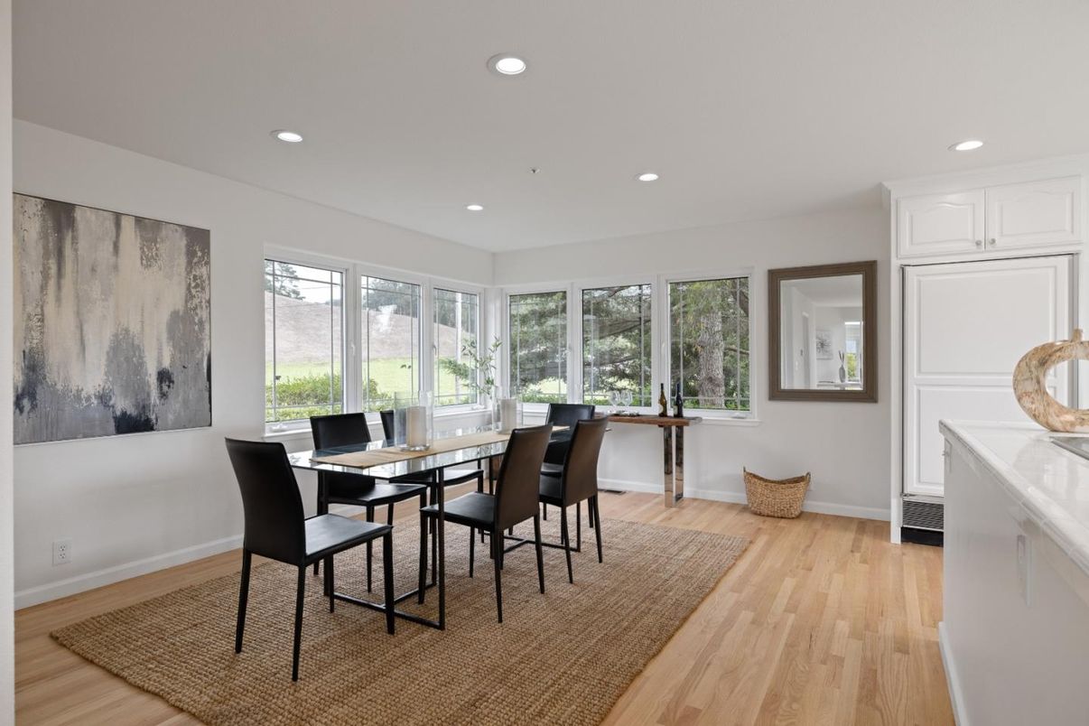 Dining room, Interior, Recessed Lighting, Wood Texture Flooring