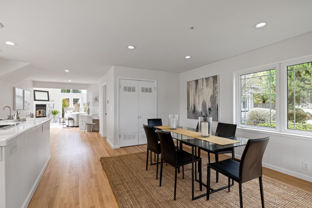 Dining room, Fireplace, Interior, Kitchen, Recessed Lighting, Wood Texture Flooring