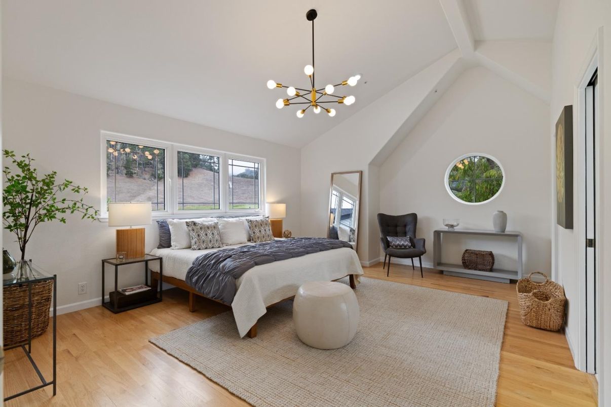 Bedroom, Interior, Pendant Lights, Wood Texture Flooring