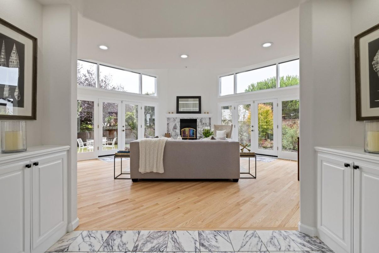 Fireplace, Interior, Living room, Marble, Recessed Lighting, Wood Texture Flooring