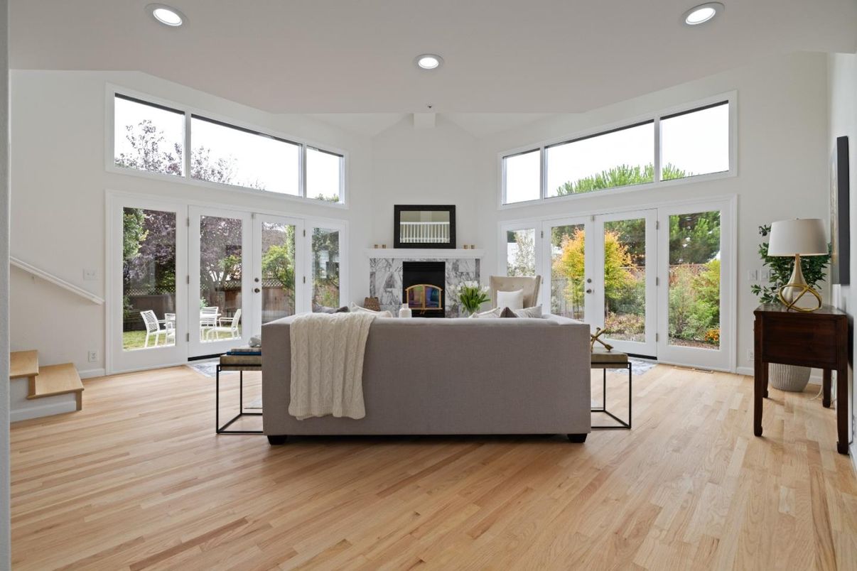 Fireplace, Interior, Living room, Recessed Lighting, Wood Texture Flooring