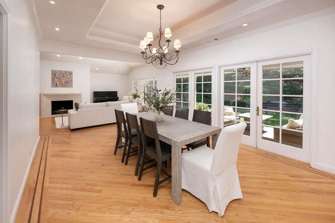 Chandelier, Dining room, Fireplace, Interior, Living room, Recessed Lighting, Wood Texture Flooring