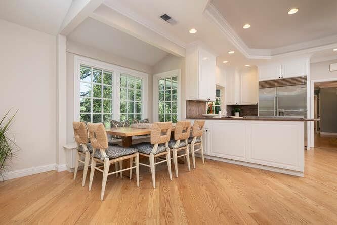 Dining room, Interior, Kitchen, Recessed Lighting, Stainless Steel Appliances, Wood Texture Flooring