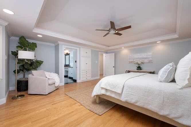 Bedroom, Interior, Recessed Lighting, Wood Texture Flooring