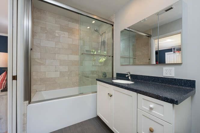 Bathroom, Glass Shower, Interior, Recessed Lighting, Wood Texture Flooring