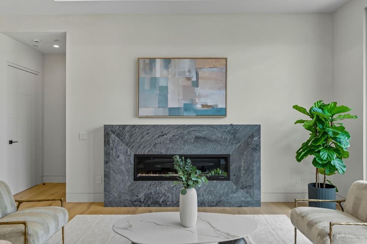 Fireplace, Interior, Recessed Lighting, Wood Texture Flooring